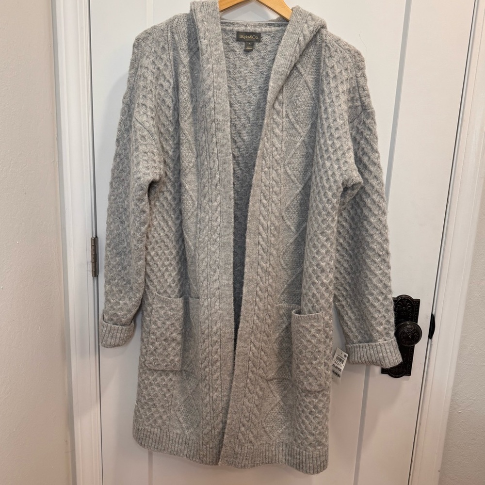 Style & Co. New Cable-Knit hooded Long Cardigan Sweater Jacket Ember Grey XL NWT